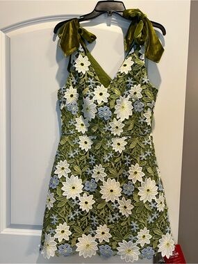 Fashion Nova Olive Green Floral Lace Mini Dress with White & Light Blue Flowers